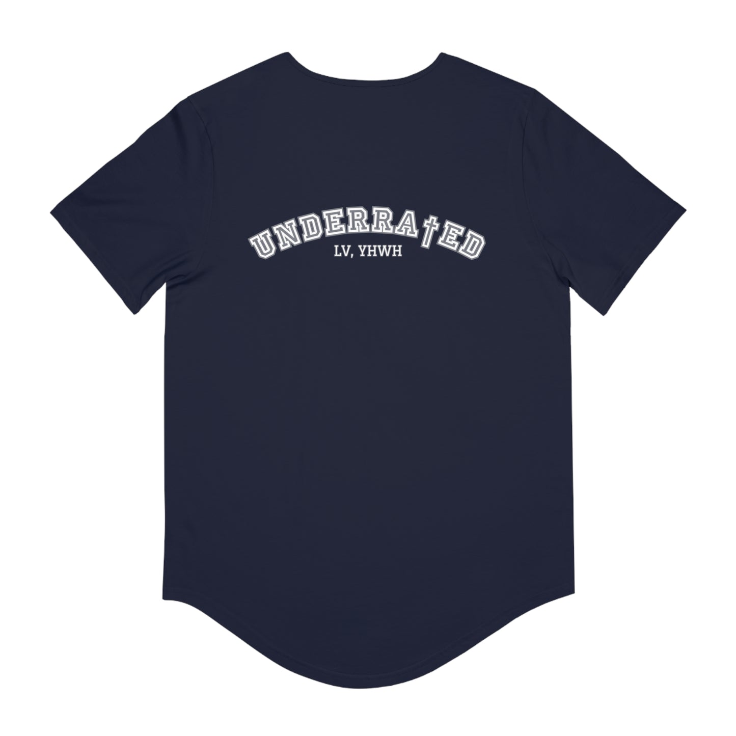 Printify navy curved hem t shirt back view with arched white UNDERRATED and LV YHWH print Christian graphic t-shirt