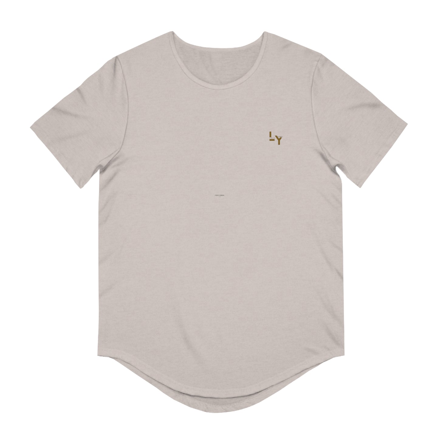 Printify beige curved hem tee with small gold chest logo minimalist design Christian graphic t-shirt