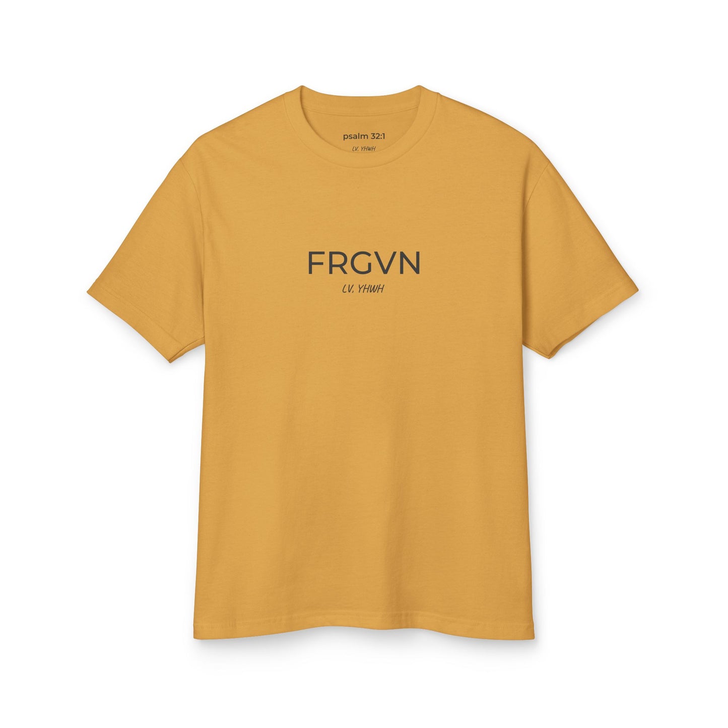 Printify mustard yellow crew neck Christian graphic t-shirt with minimalist centered black FRGVN text and small scripture ref