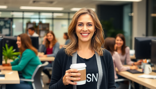 show a woman in her office workspace wearing a black CHSN tee from lvyhwh.com under a cardigan sweater surrounded by employees laughing with a coffee in her hand