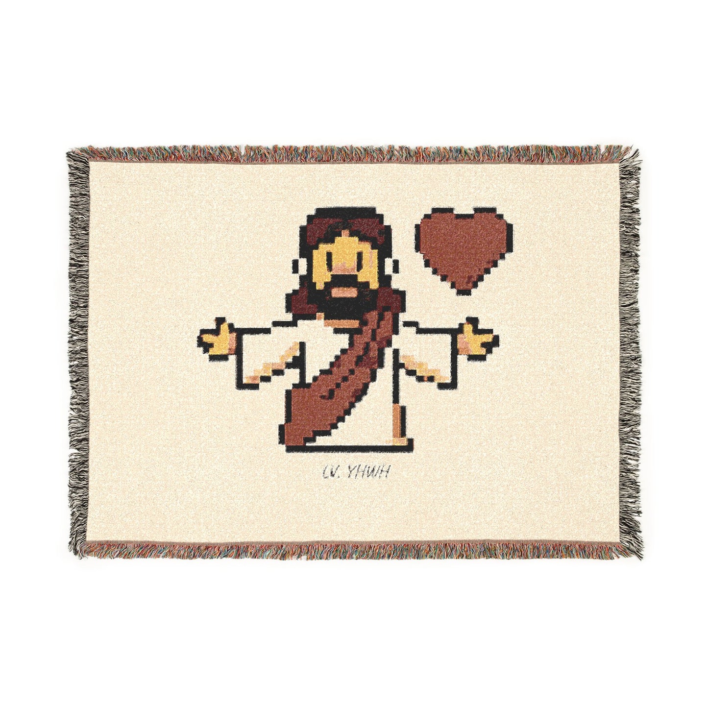 Pixel Jesus Woven Blanket — Retro Christian Throw with Heart