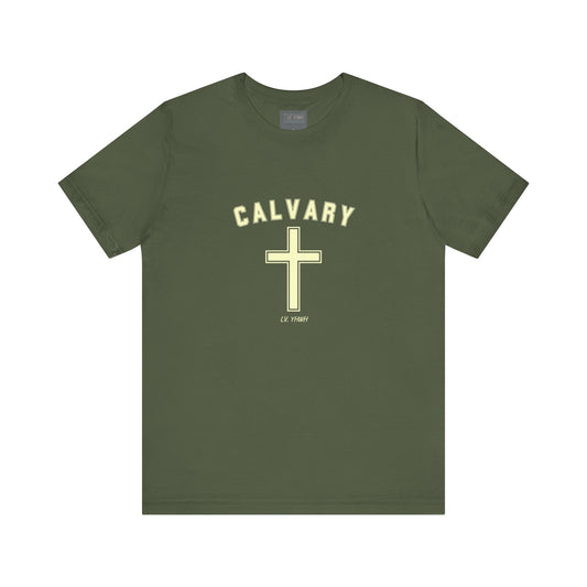 Printify olive green Calvary Christian t-shirt with cream cross graphic and arched CALVARY text