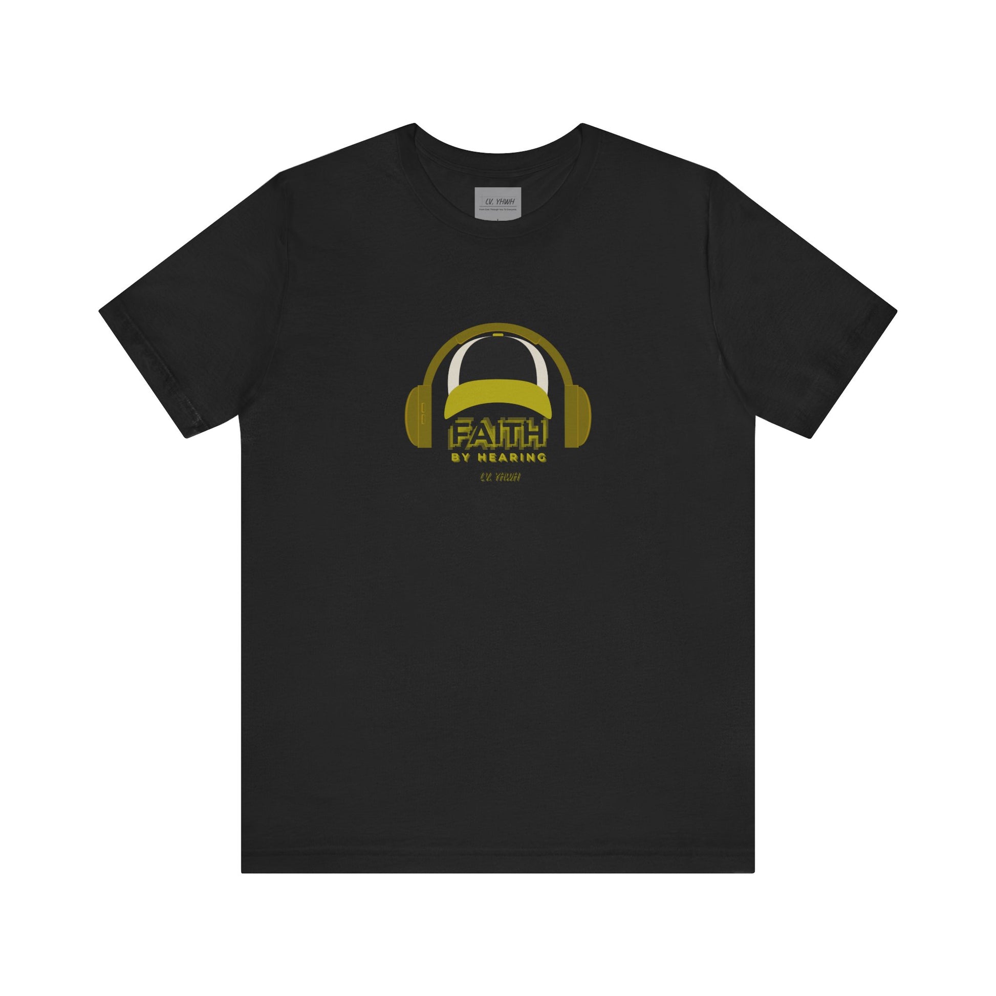 Printify black crewneck faith by hearing t-shirt with gold headphone graphic centered on chest