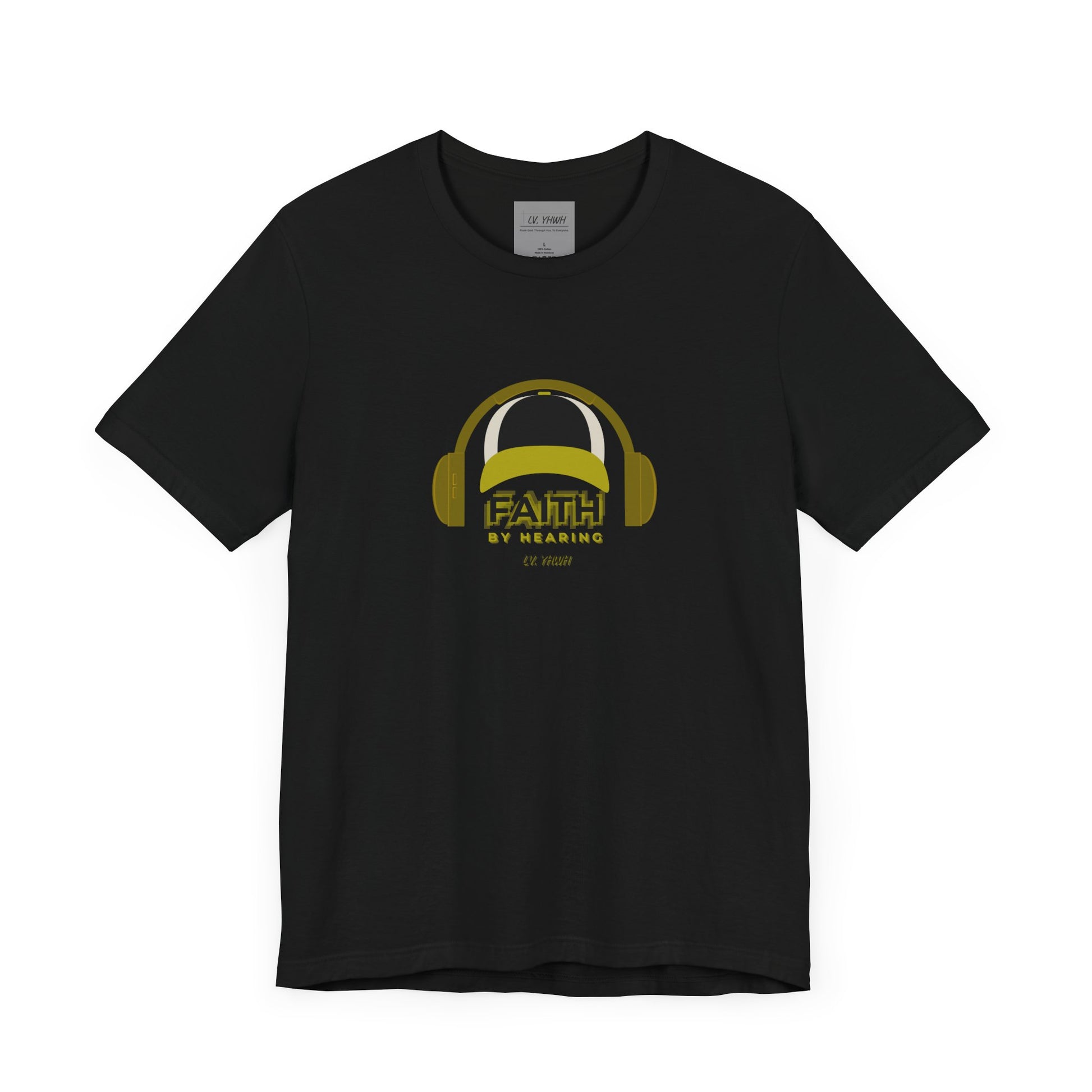 Printify black cotton faith by hearing t-shirt with olive headphones graphic and bold FAITH lettering