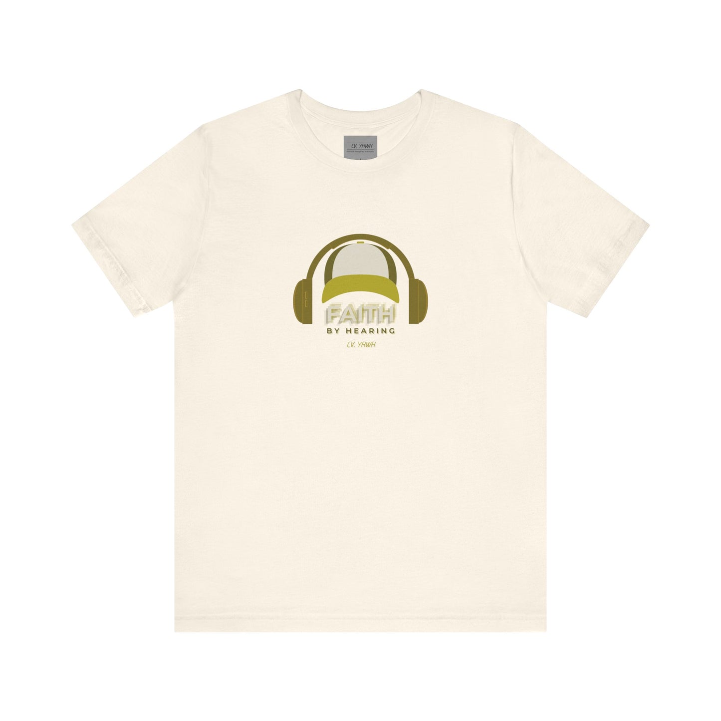 Printify cream T shirt with olive headphones graphic and FAITH by HEARING text faith by hearing t-shirt
