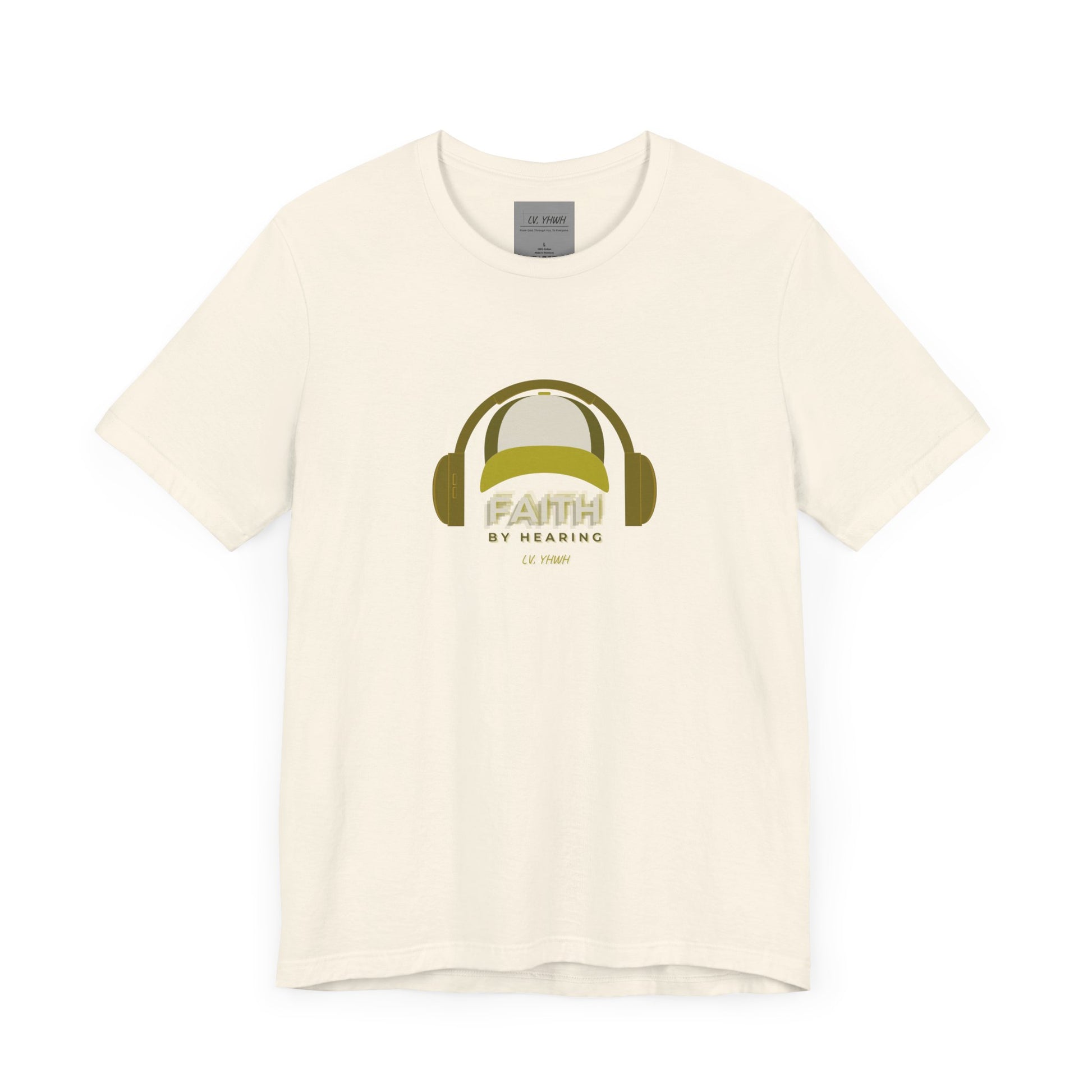 Cream cotton faith by hearing t-shirt with olive headphone graphic centered for casual everyday wear