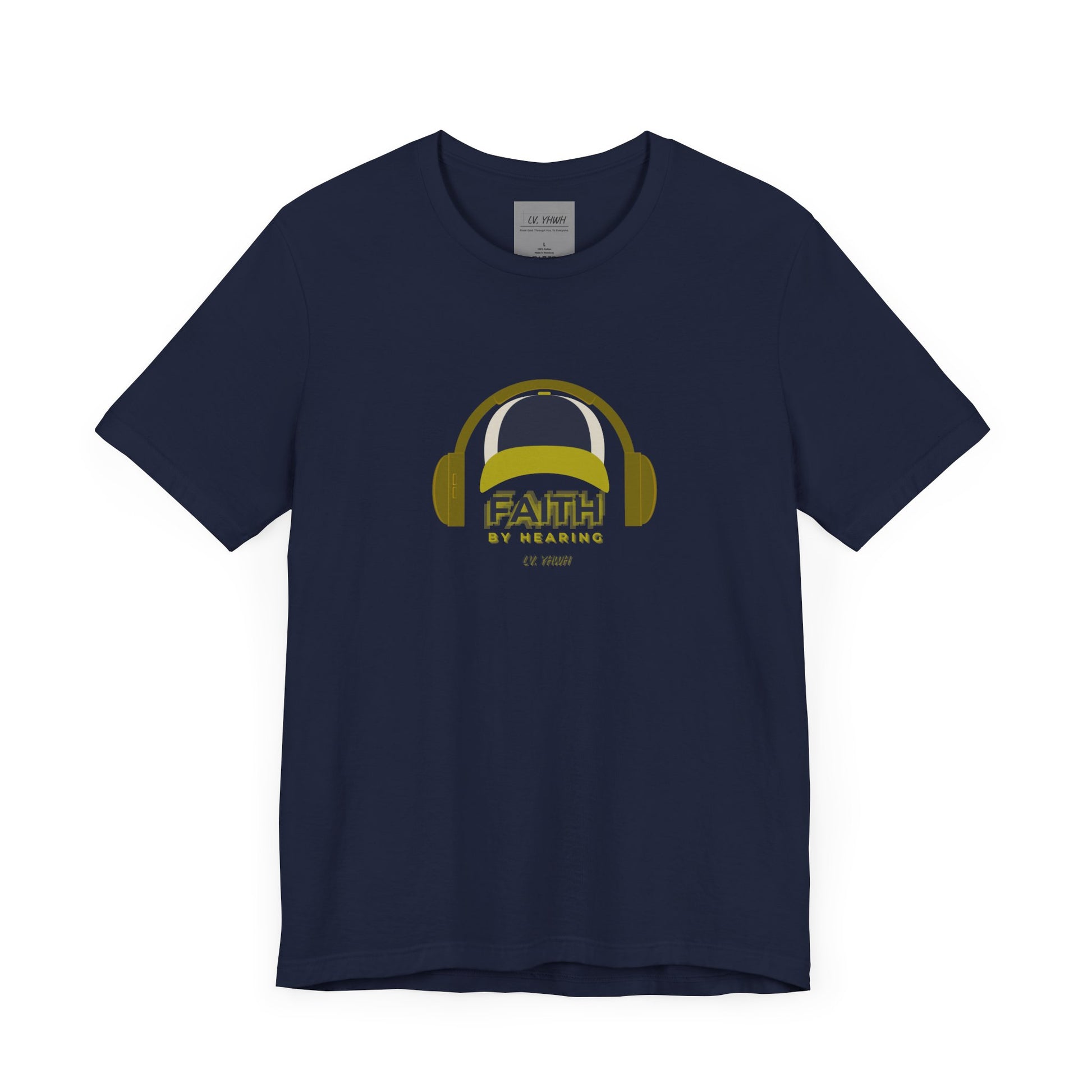 Printify navy crew neck t shirt with yellow headphone graphic and faith by hearing t-shirt design
