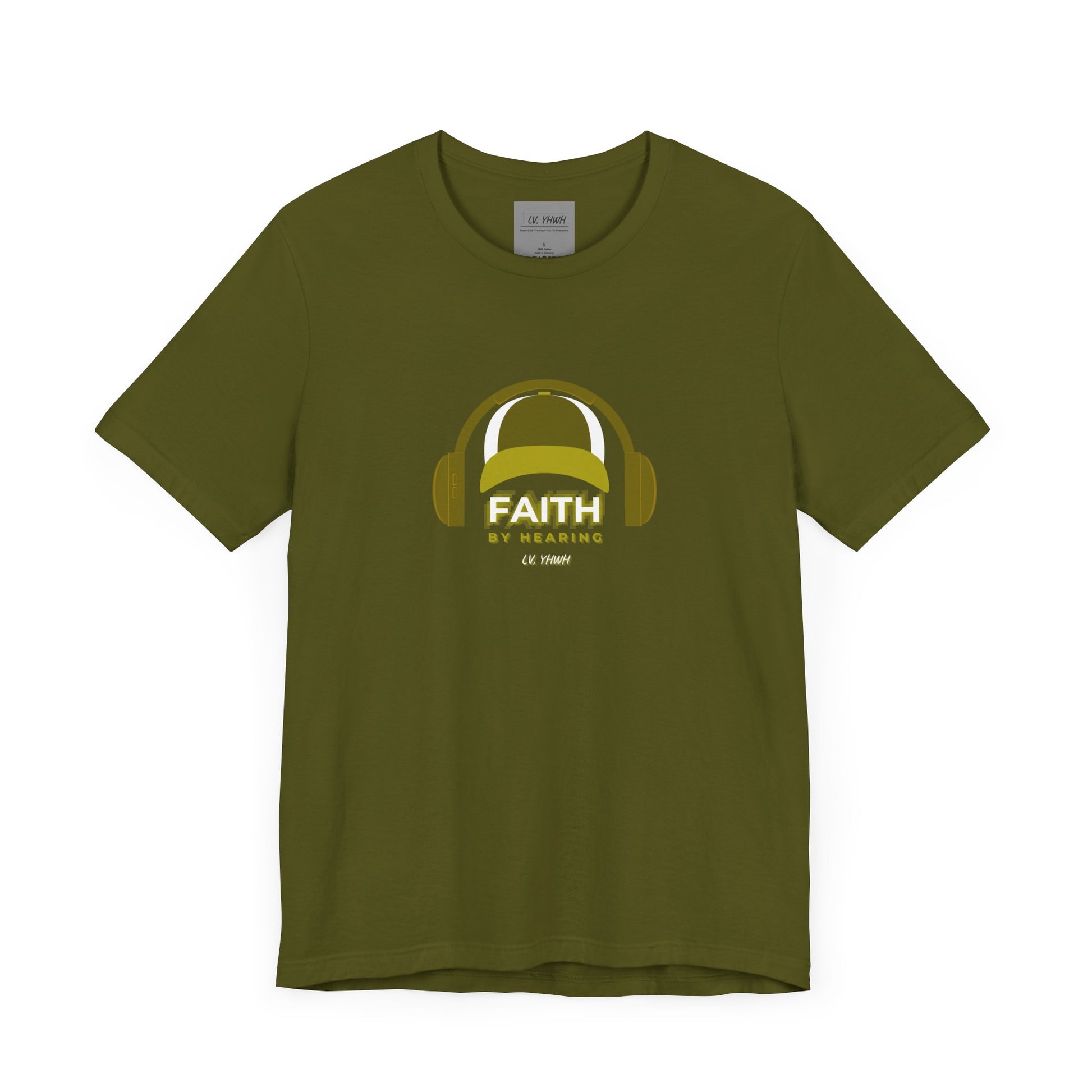Olive green Printify t shirt with headphone graphic and FAITH BY HEARING text faith by hearing t-shirt