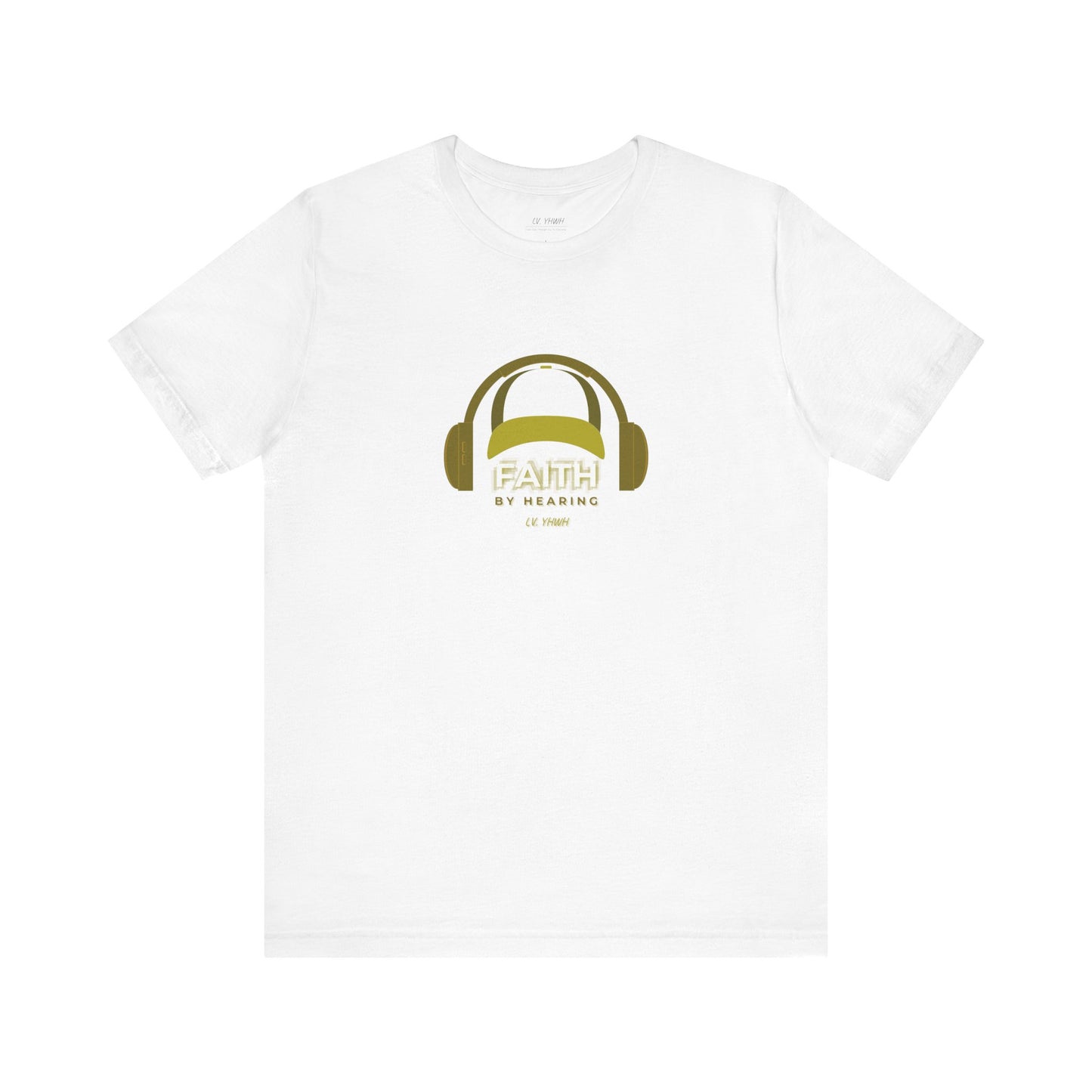 Printify white crew neck t-shirt with centered gold headphone logo and faith by hearing t-shirt print