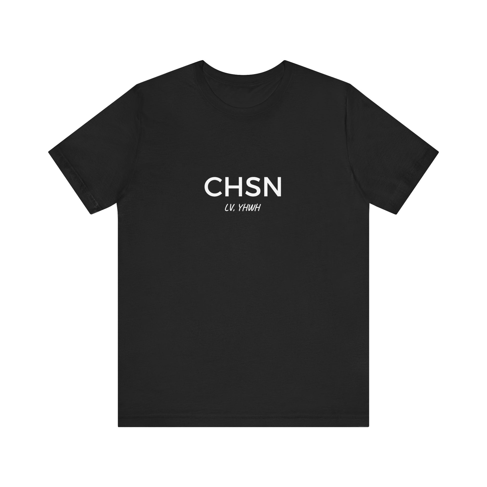 Black Printify crew neck tee with white CHSN and CV YHWH chest print Christian graphic t-shirt for everyday faith wear