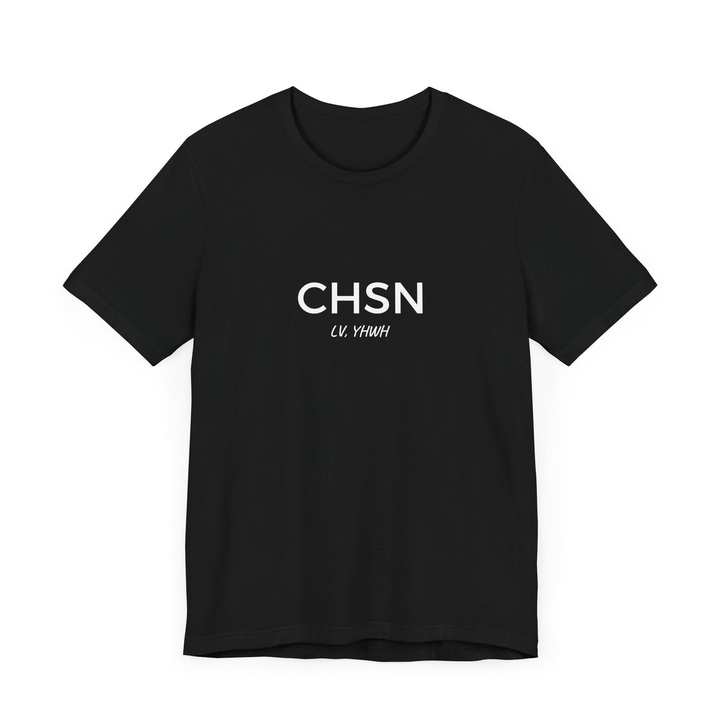 Printify black CHSN minimalist front print Christian graphic t-shirt with white typography center chest