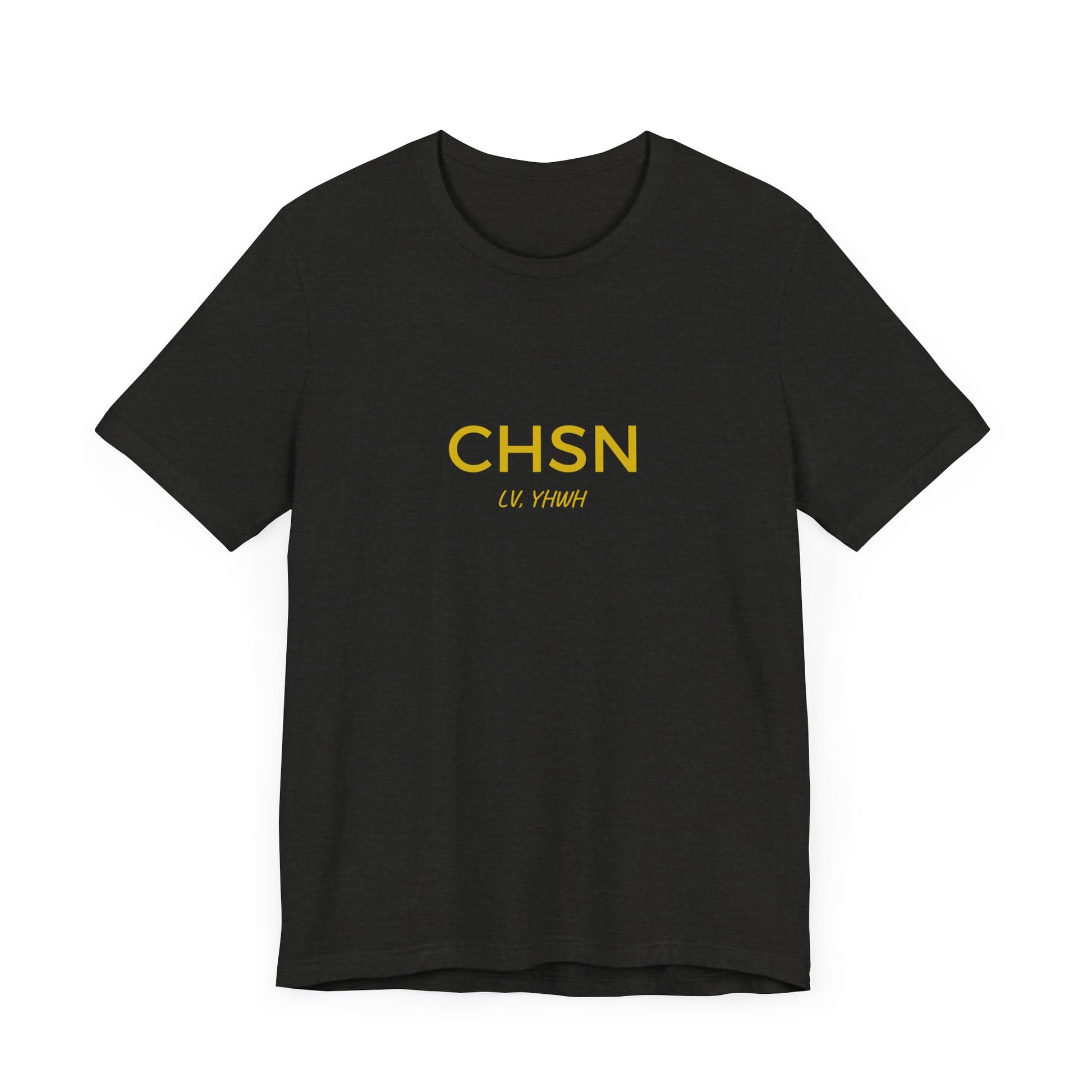 Printify black cotton T shirt with yellow CHSN chest print minimalist design Christian graphic t-shirt
