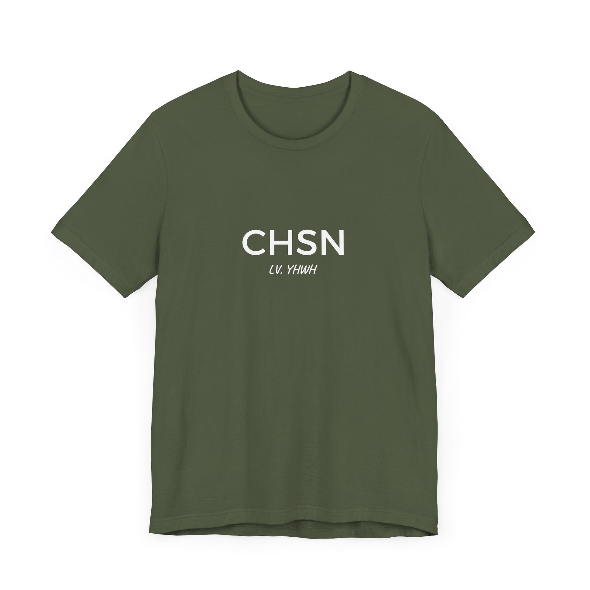 Printify olive green Christian graphic t-shirt with CHSN front print and small scripture script for casual faith wear