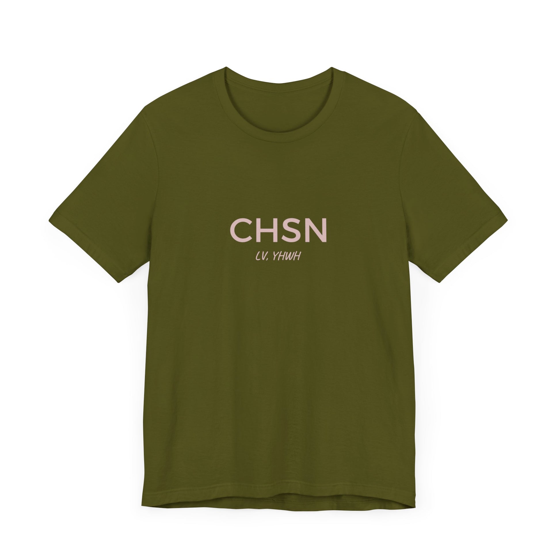 Printify olive green t-shirt with minimalist CHSN text and small YHWH script Christian graphic t-shirt