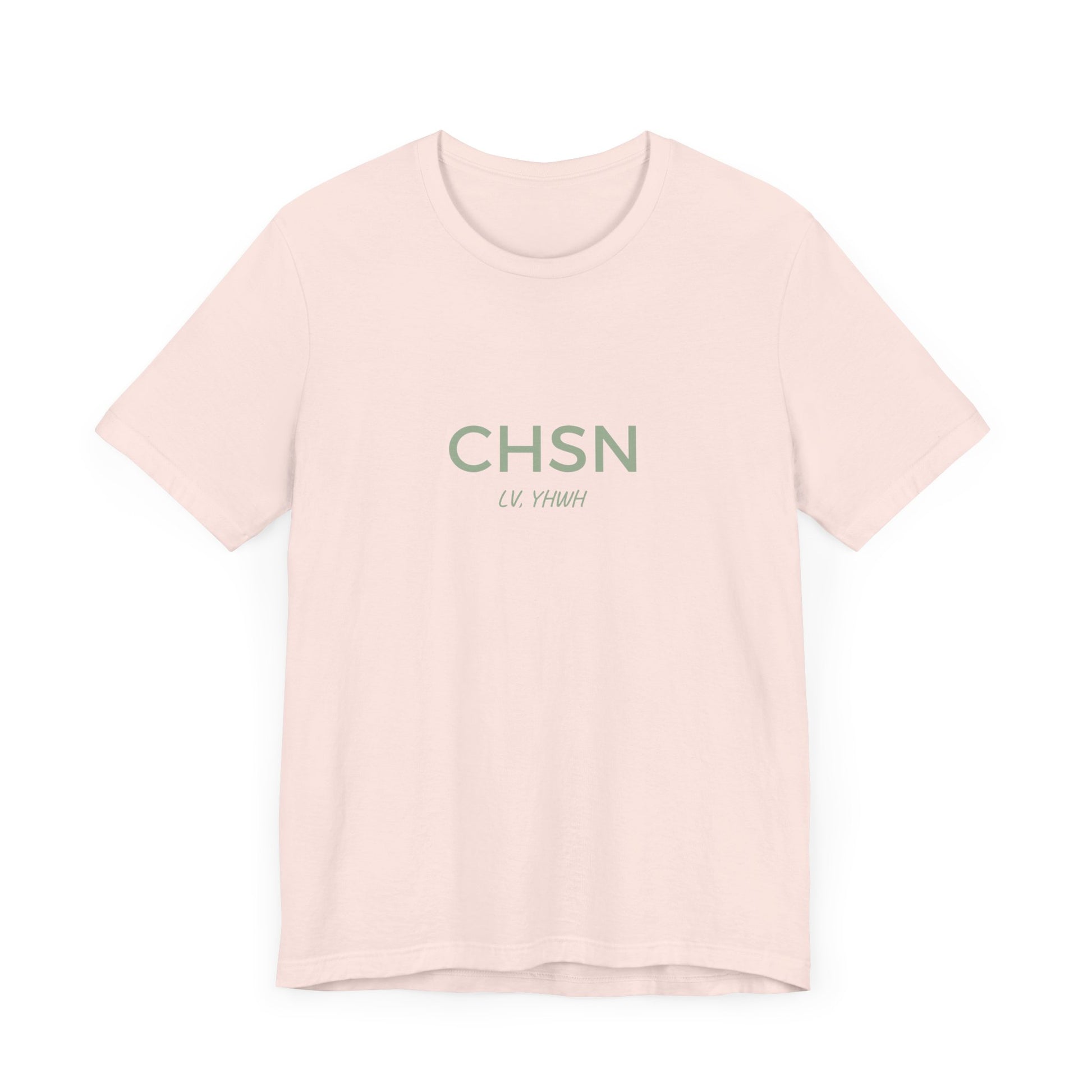 Printify soft pink crewneck Christian graphic t-shirt with minimalist green CHSN text centered