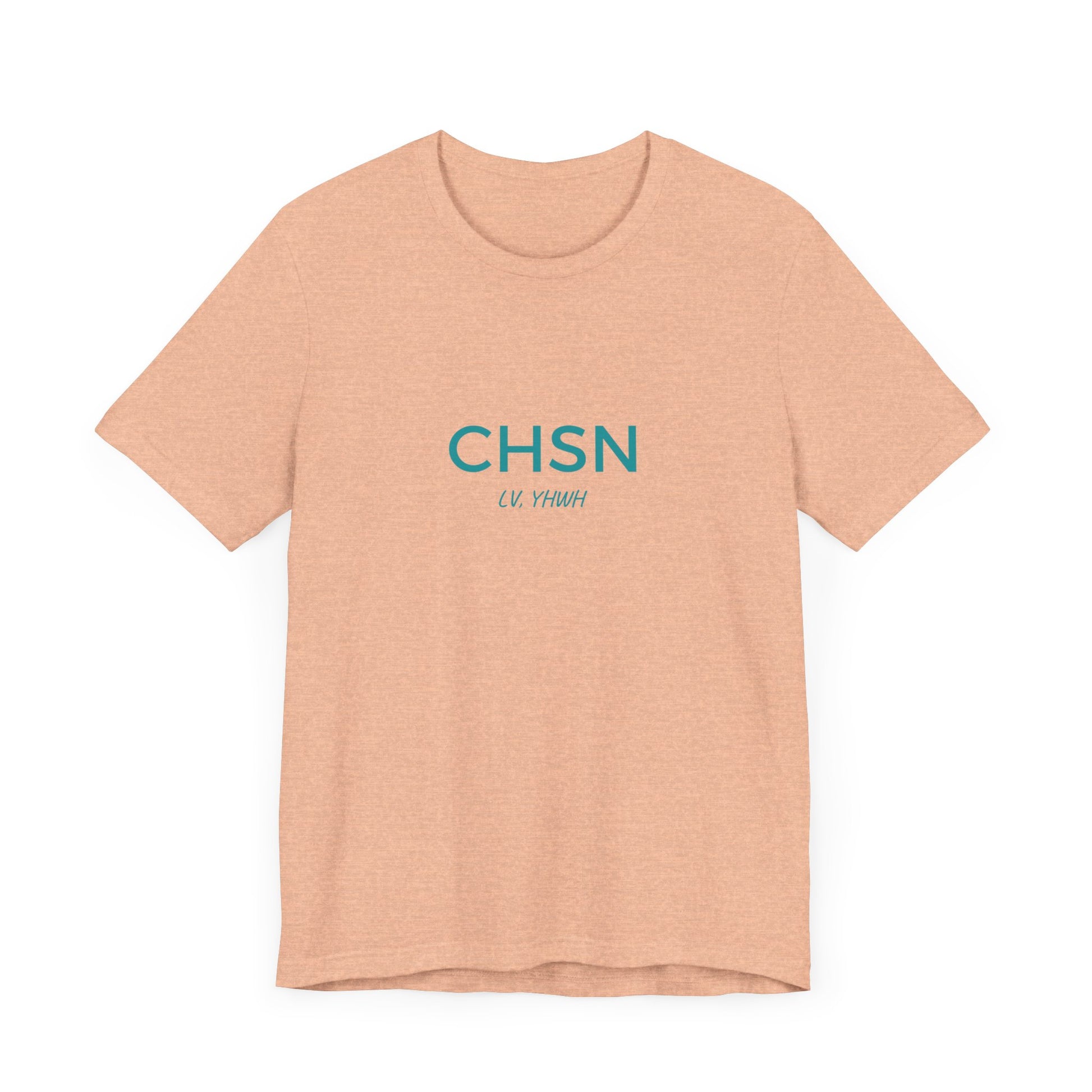 Printify peach heather crewneck Christian graphic t-shirt with teal CHSN chest print minimalist design