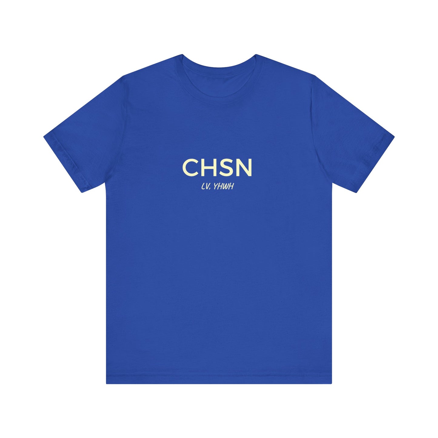 Printify blue crewneck Christian graphic t-shirt with CHSN center print and small script faith detail
