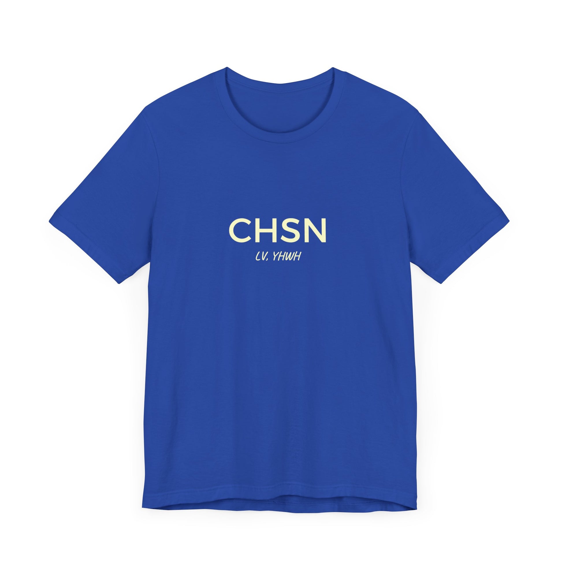 Printify royal blue crew neck Christian graphic t-shirt with minimalist white CHSN lettering and small script
