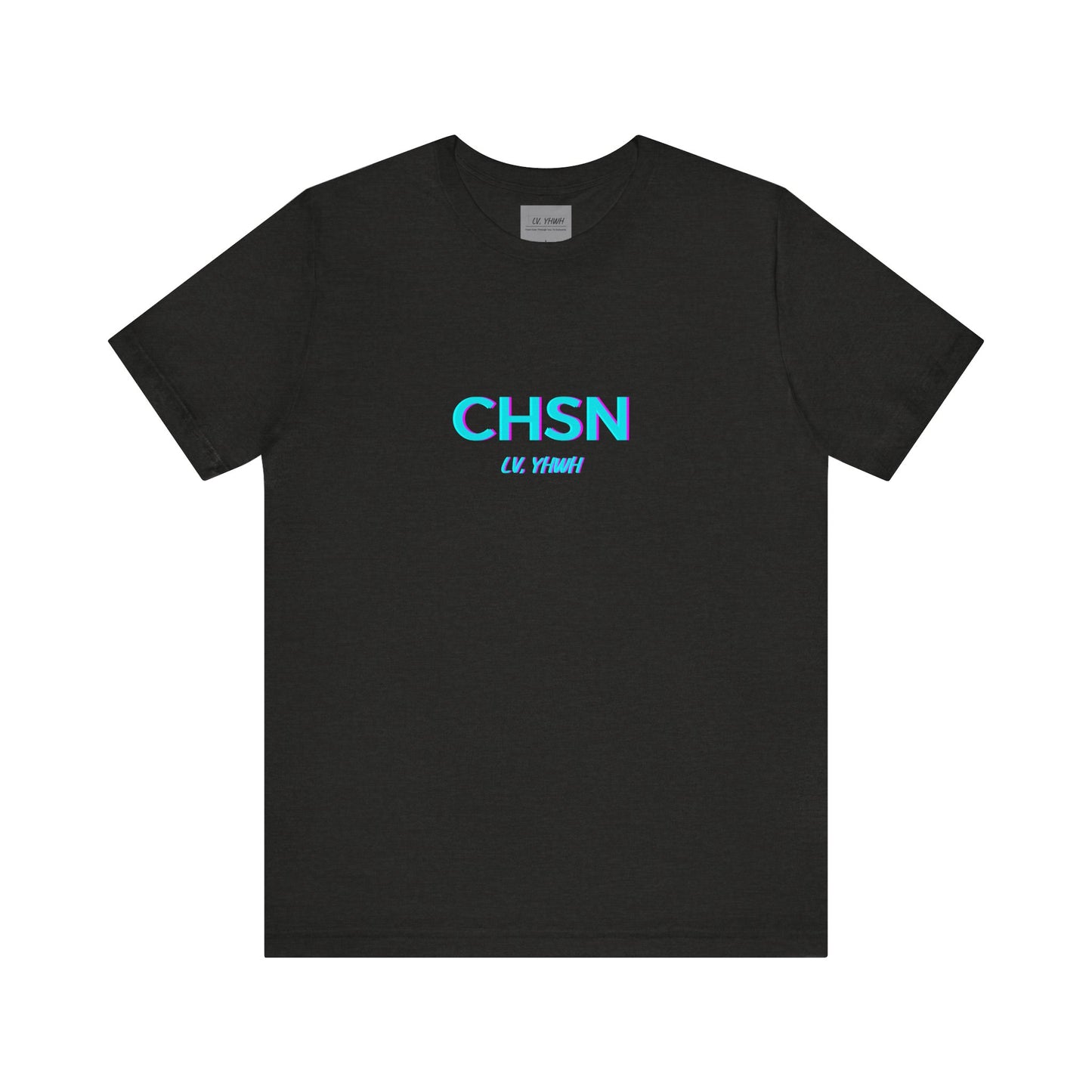Printify black cotton T shirt with blue CHSN chest print and small script below Christian graphic tee