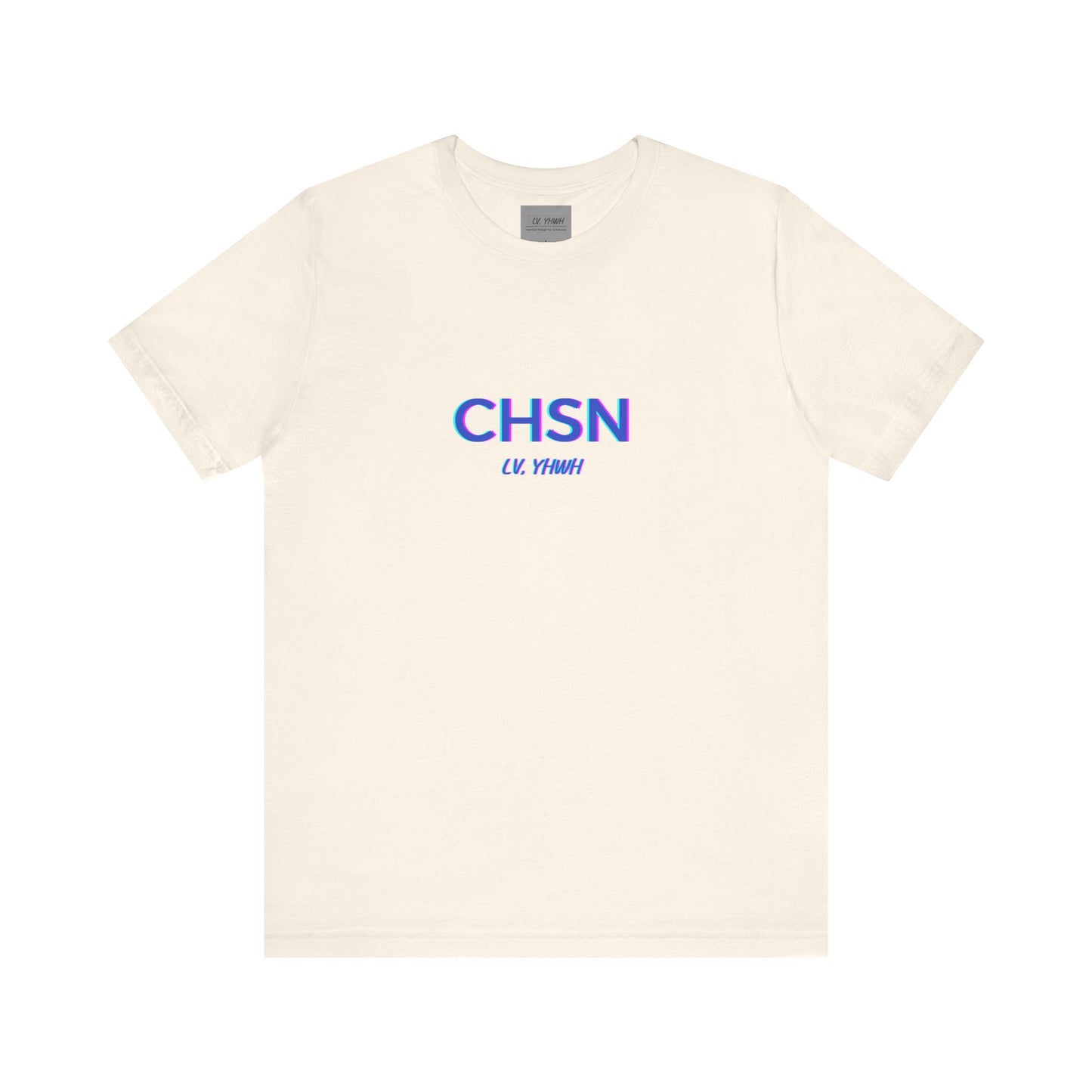 Cream Printify T shirt with CHSN blue purple logo and small LV YHWH lettering Christian graphic tee for faith inspired casual wear