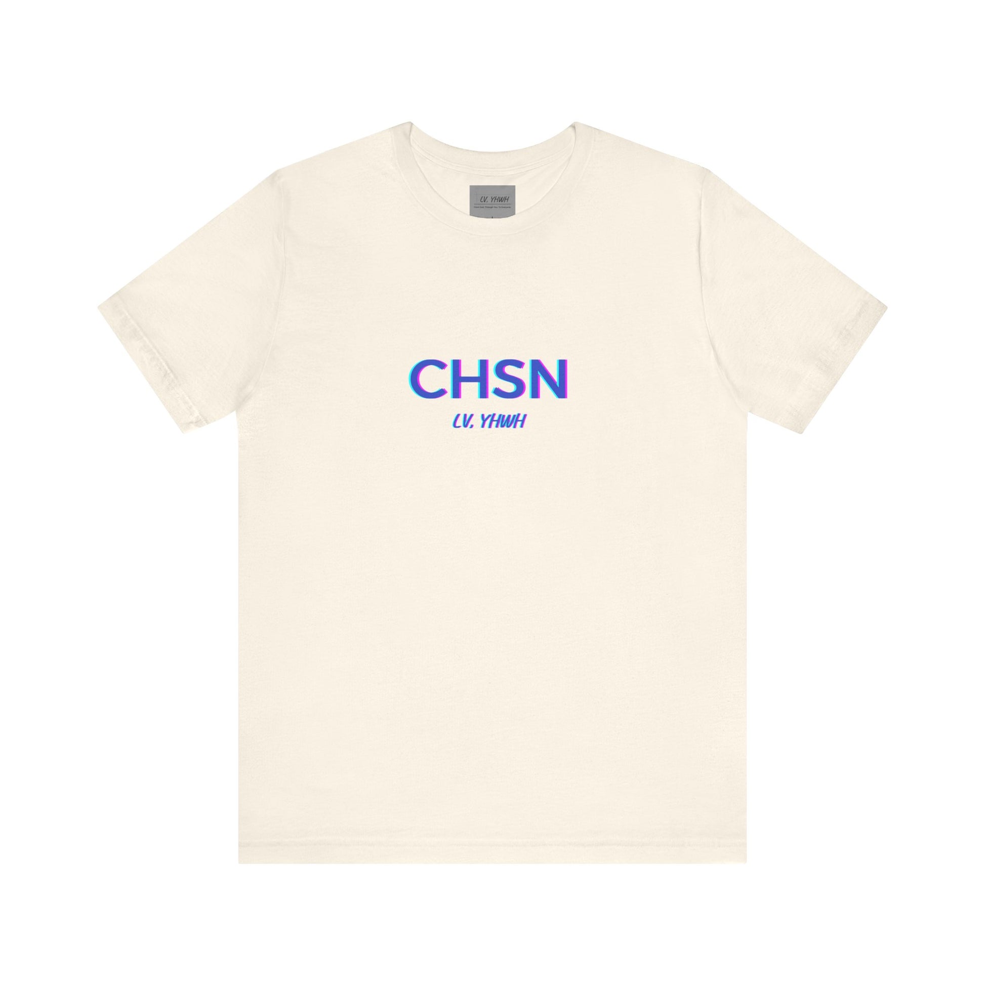 Cream Printify T shirt with CHSN blue purple logo and small LV YHWH lettering Christian graphic tee for faith inspired casual wear