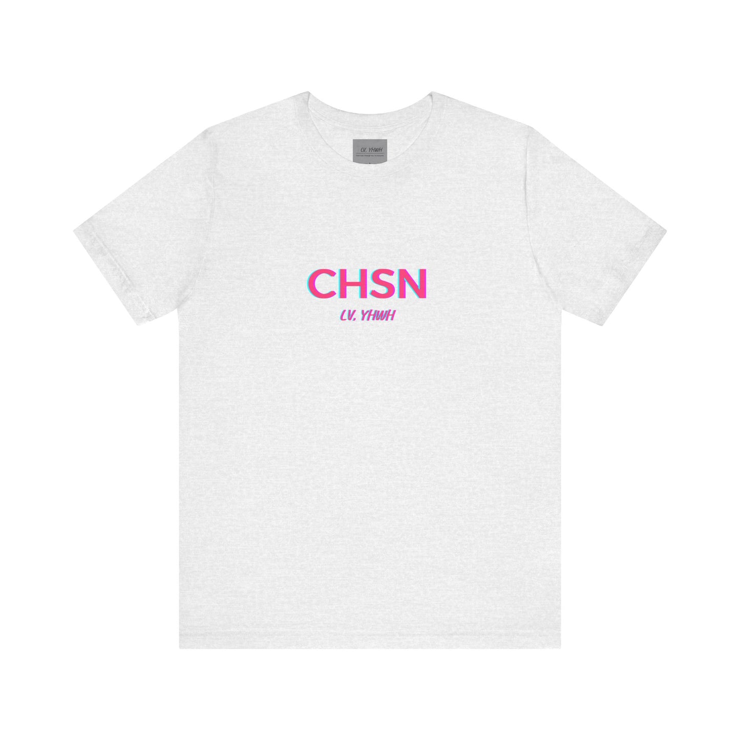 Printify white short sleeve crew neck T shirt with CHSN pink and purple chest logo Christian graphic tee