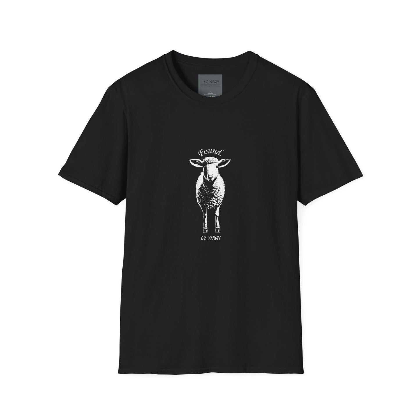Black Printify Christian graphic t-shirt featuring white sheep illustration and Found text centered on chest
