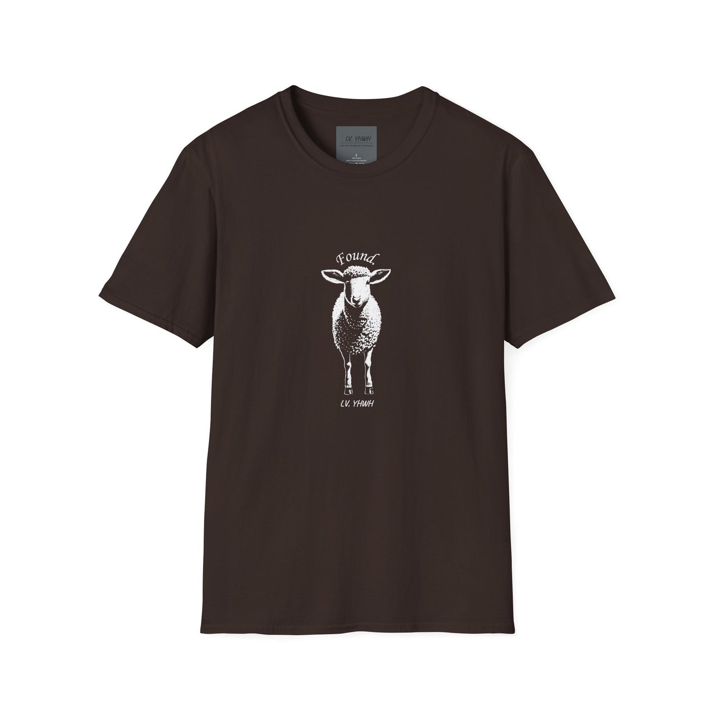 Printify brown Christian graphic t-shirt with centered white sheep illustration and Found text