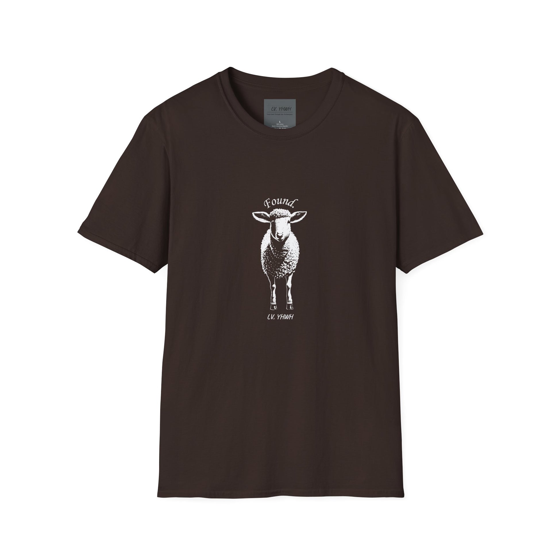 Printify brown Christian graphic t-shirt with centered white sheep illustration and Found text