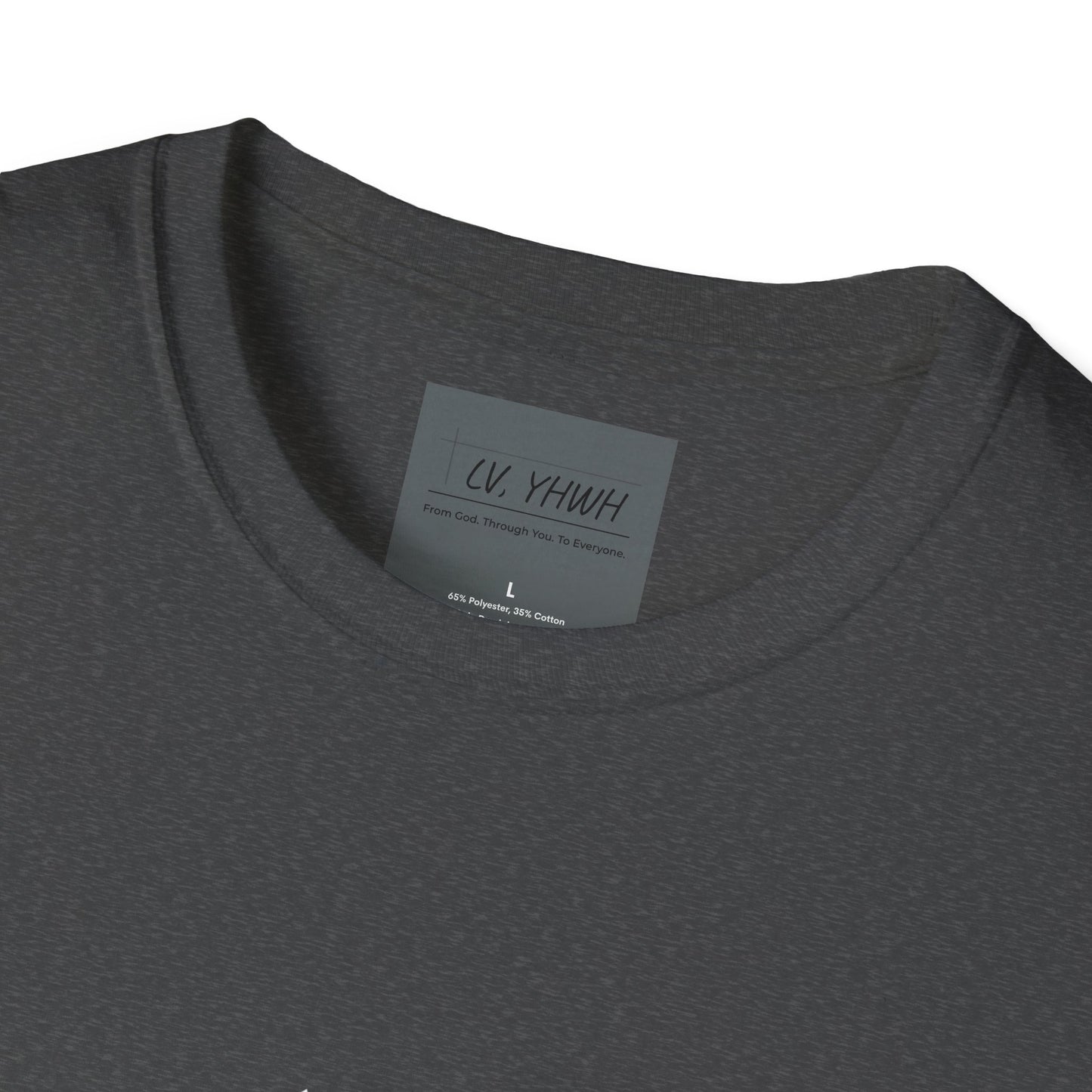 Printify dark gray crewneck Christian graphic t-shirt close up of neckline and tag