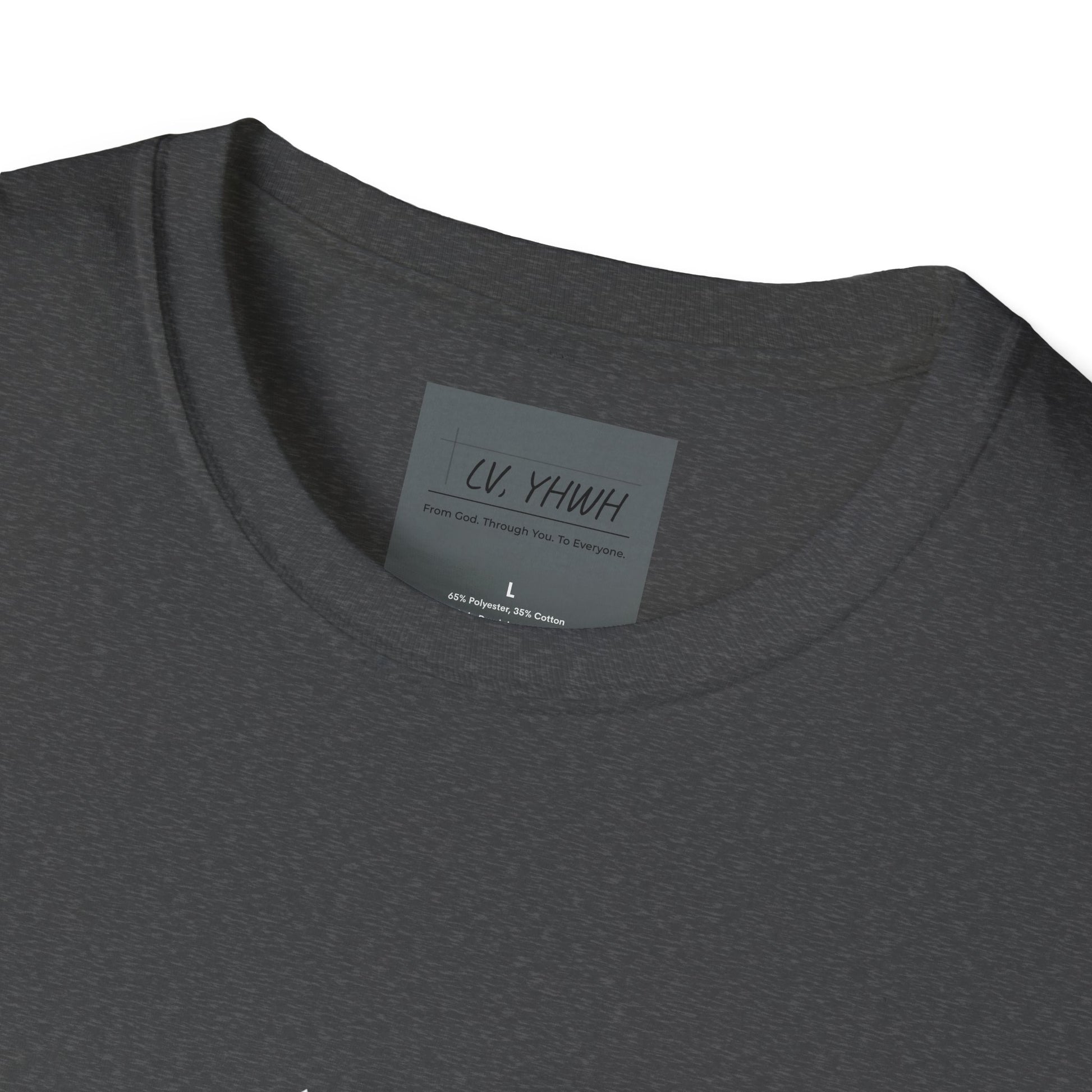 Printify dark gray crewneck Christian graphic t-shirt close up of neckline and tag