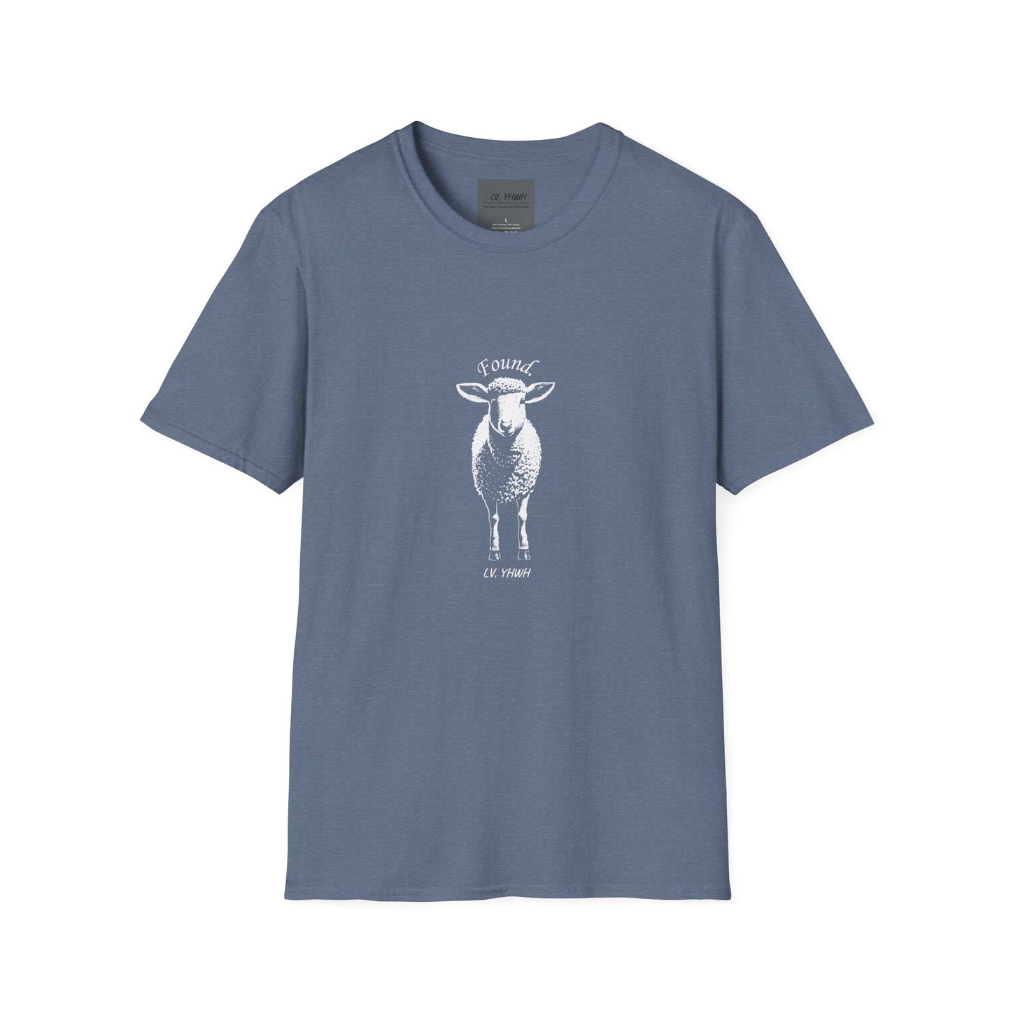 Printify blue crew neck T shirt with centered white sheep illustration and small lettering Christian graphic t-shirt
