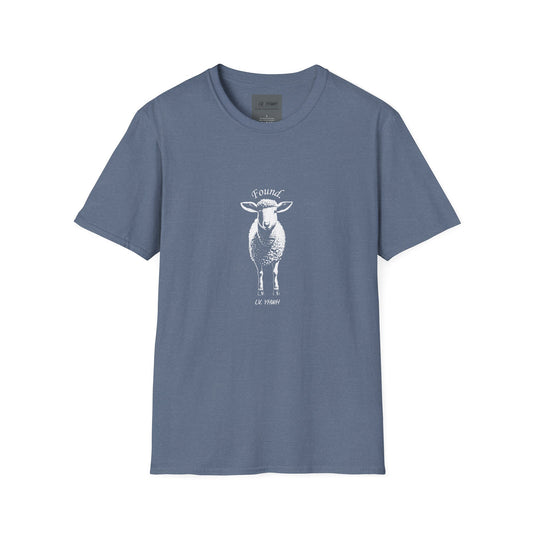 Printify blue crew neck T shirt with centered white sheep illustration and small lettering Christian graphic t-shirt