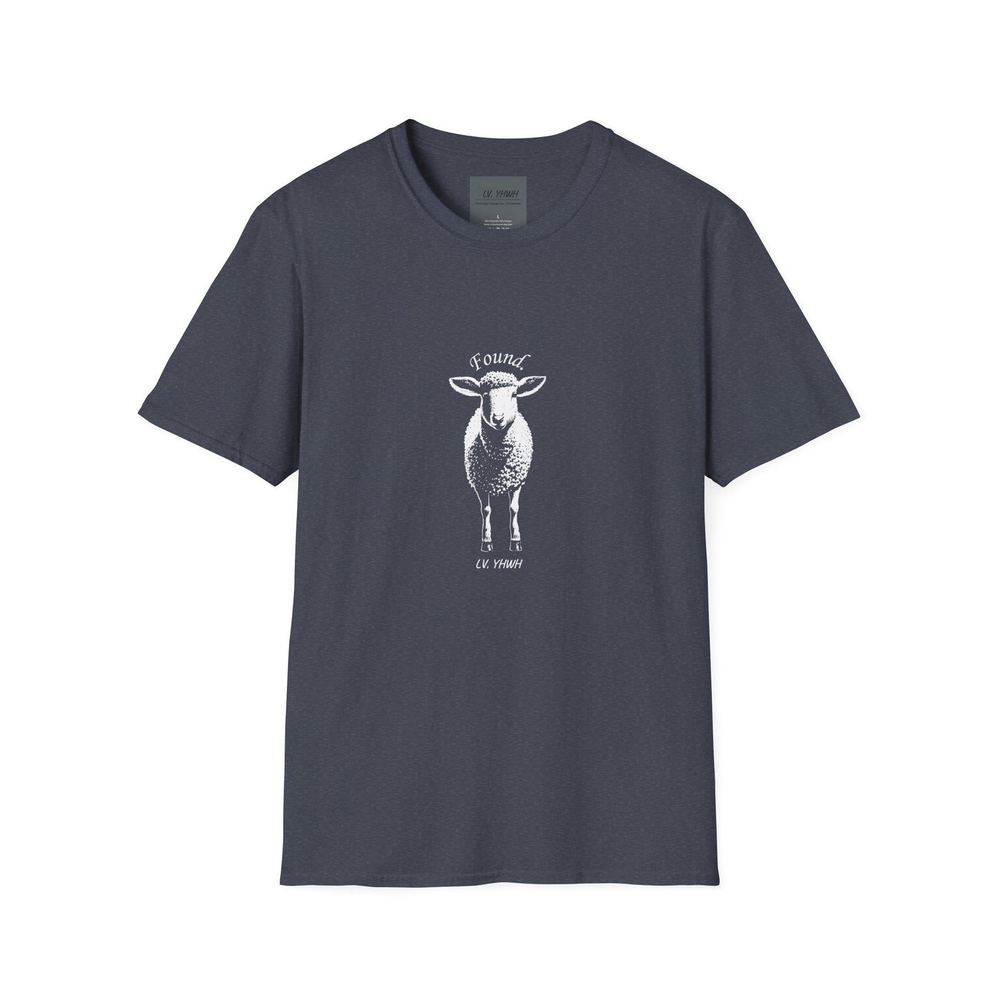 Printify navy crew neck Christian graphic t-shirt with white sheep illustration centered and Found text above