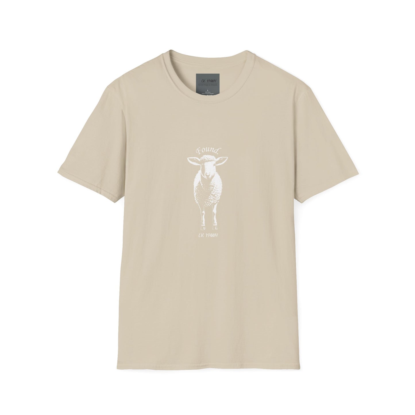 Printify beige cotton tee with white sheep illustration and subtle scripture text on front Christian graphic t-shirt