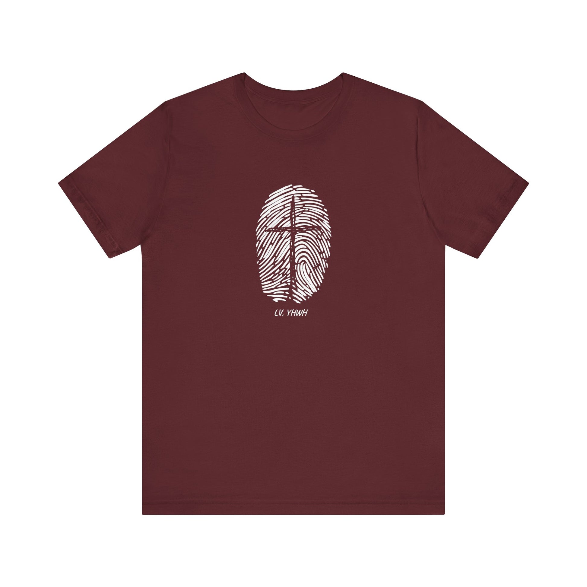 Identity in Christ t-shirt maroon crewneck with white fingerprint forming cross centered on chest short sleeve casual tee