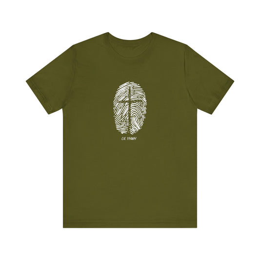 Printify olive green tee with white fingerprint cross graphic on chest Identity in Christ t-shirt
