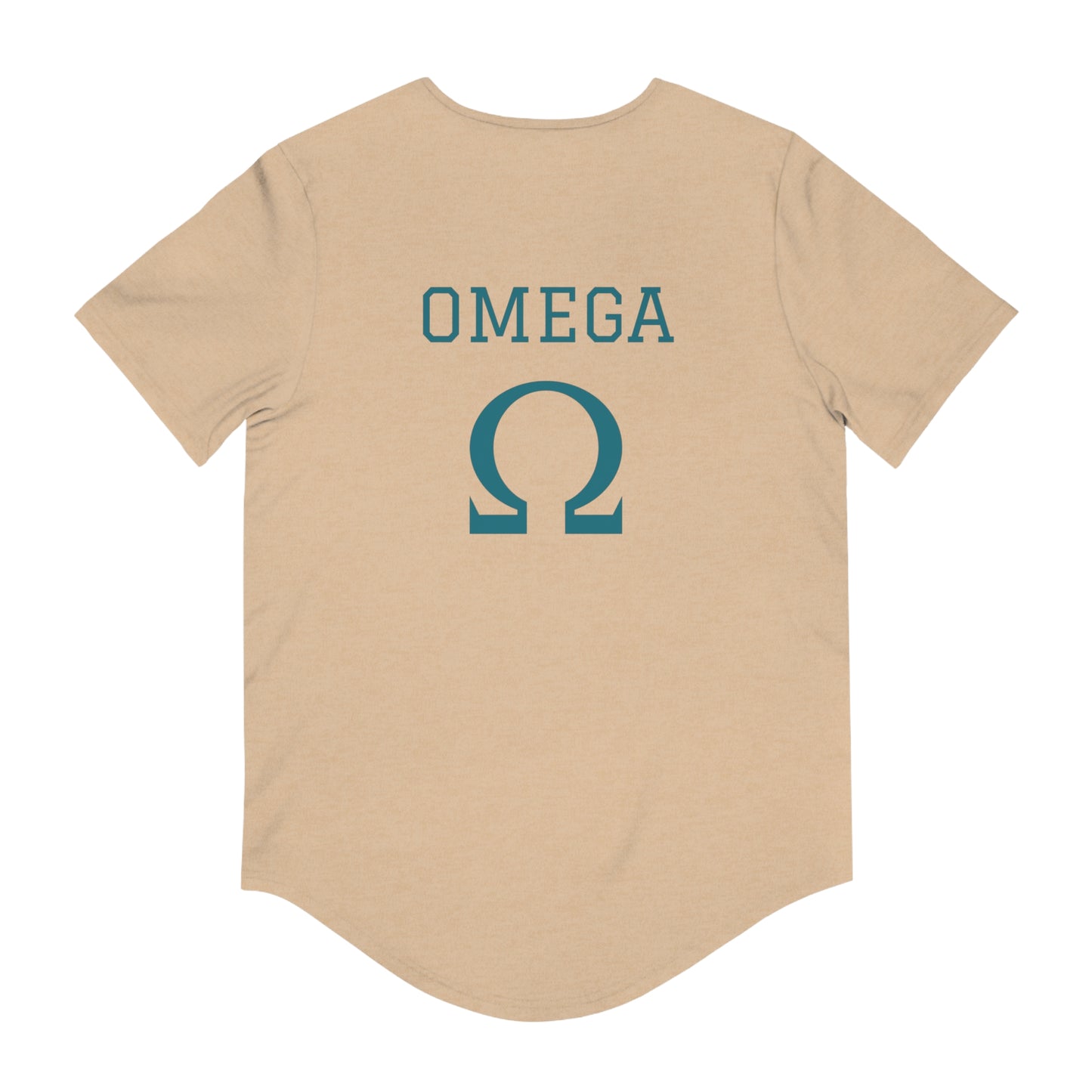 Beige short sleeve tee back view with OMEGA text and omega symbol in teal, Alpha and Omega Christian t-shirt.