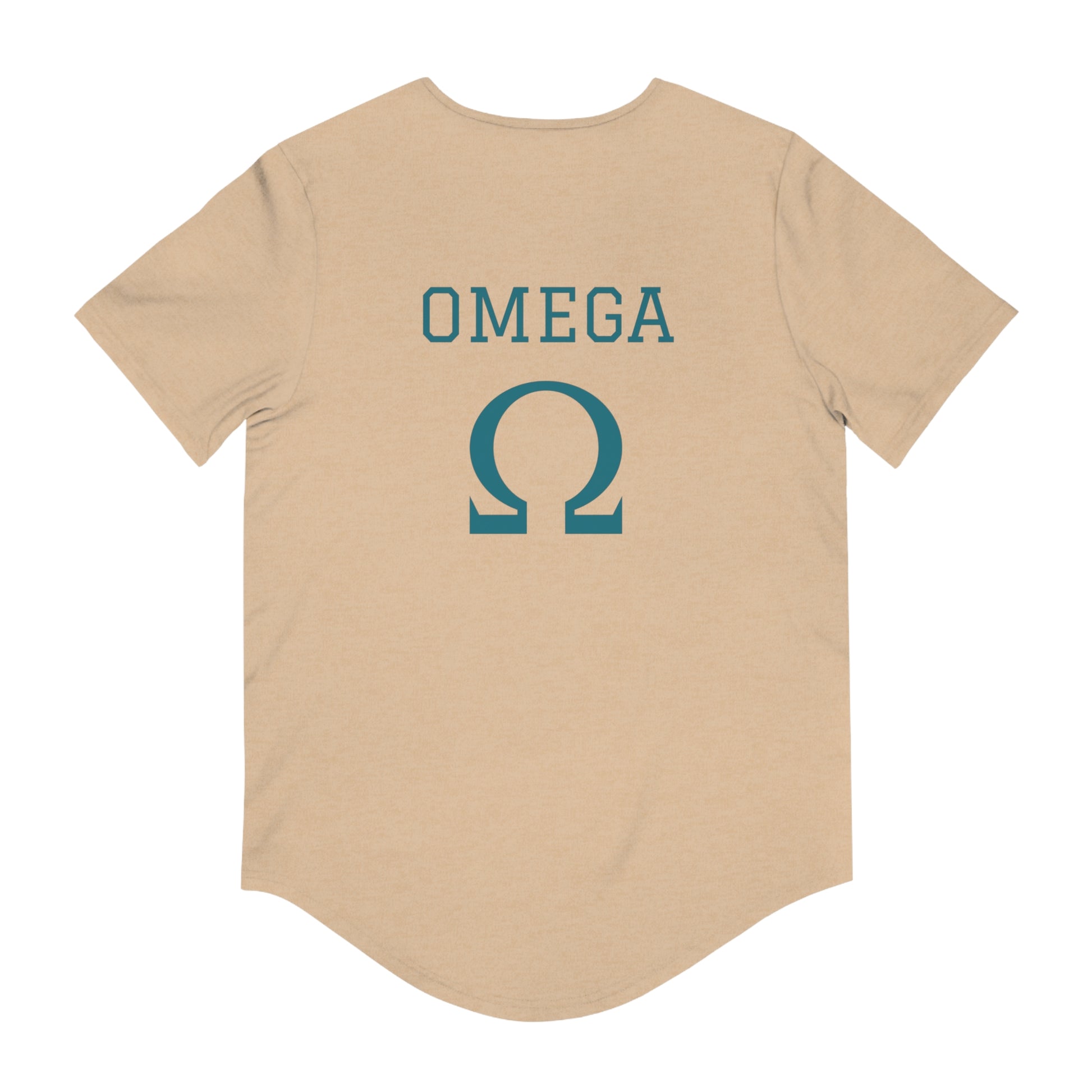 Beige short sleeve tee back view with OMEGA text and omega symbol in teal, Alpha and Omega Christian t-shirt.