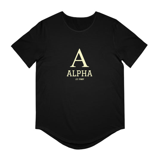 Alpha and Omega Christian t-shirt black curved hem crew neck with large A ALPHA print by Printify