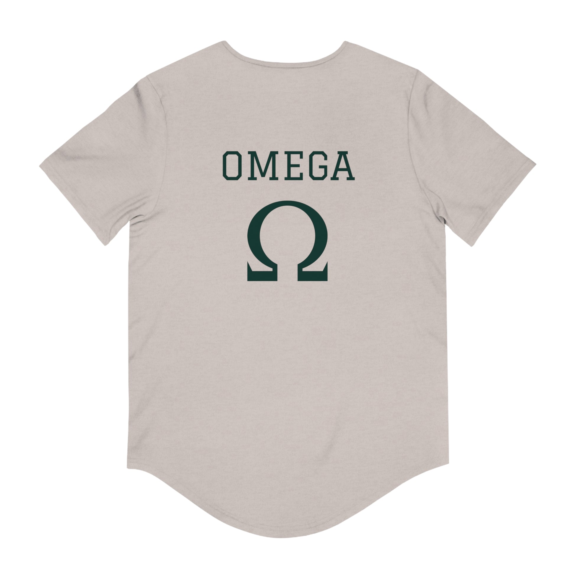 Back view cream short sleeve Printify tee with green OMEGA text and symbol Alpha and Omega Christian t-shirt