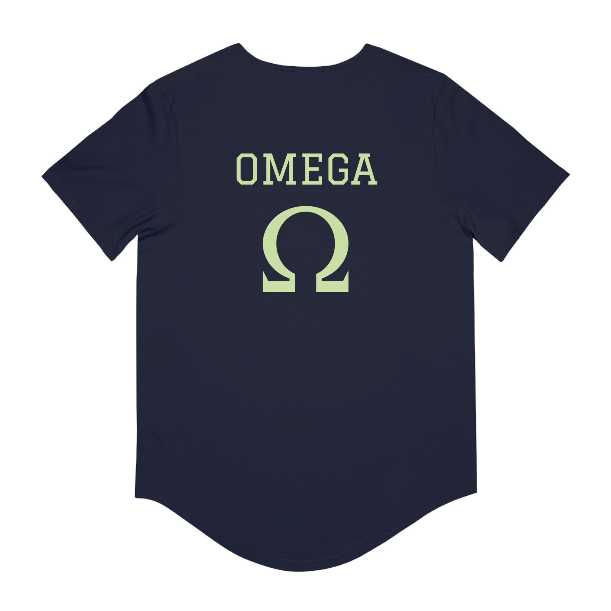Alpha and Omega Christian t-shirt navy back view showing OMEGA text and large omega symbol on Printify tee