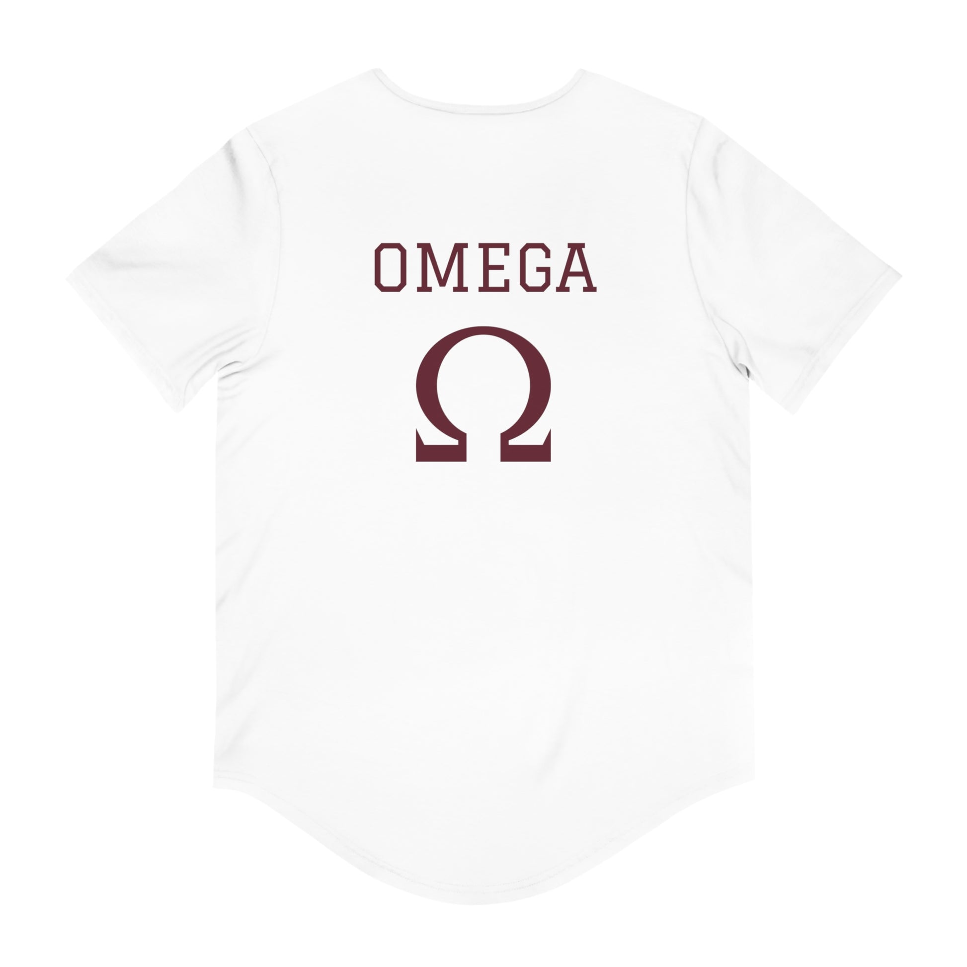 White Printify Alpha and Omega Christian t-shirt with maroon OMEGA text and omega symbol on the back
