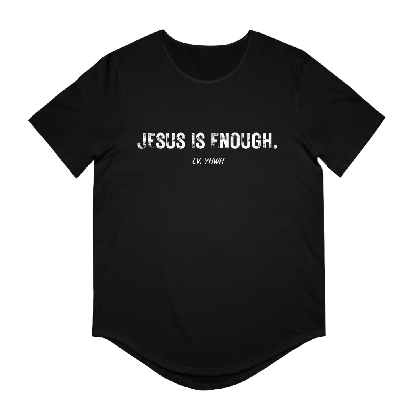 Printify black curved hem t shirt with white distressed JESUS IS ENOUGH front print Jesus is enough t-shirt