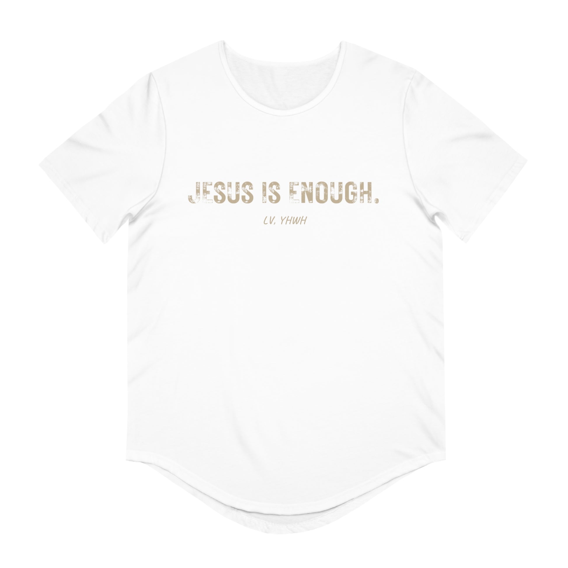 Printify white curved hem short sleeve tee with distressed beige lettering and Jesus is enough t-shirt centered