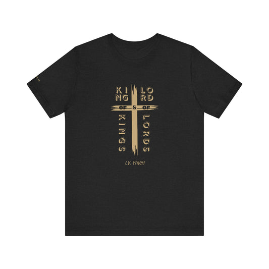 Printify black King of Kings Christian t-shirt with gold cross typography design and short sleeve cotton fit