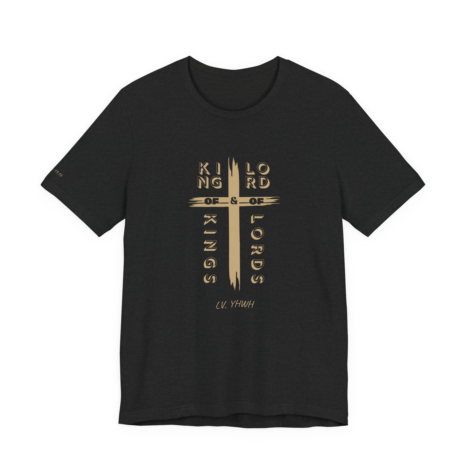 Printify black t shirt with gold stylized cross and vertical religious lettering King of Kings Christian t-shirt