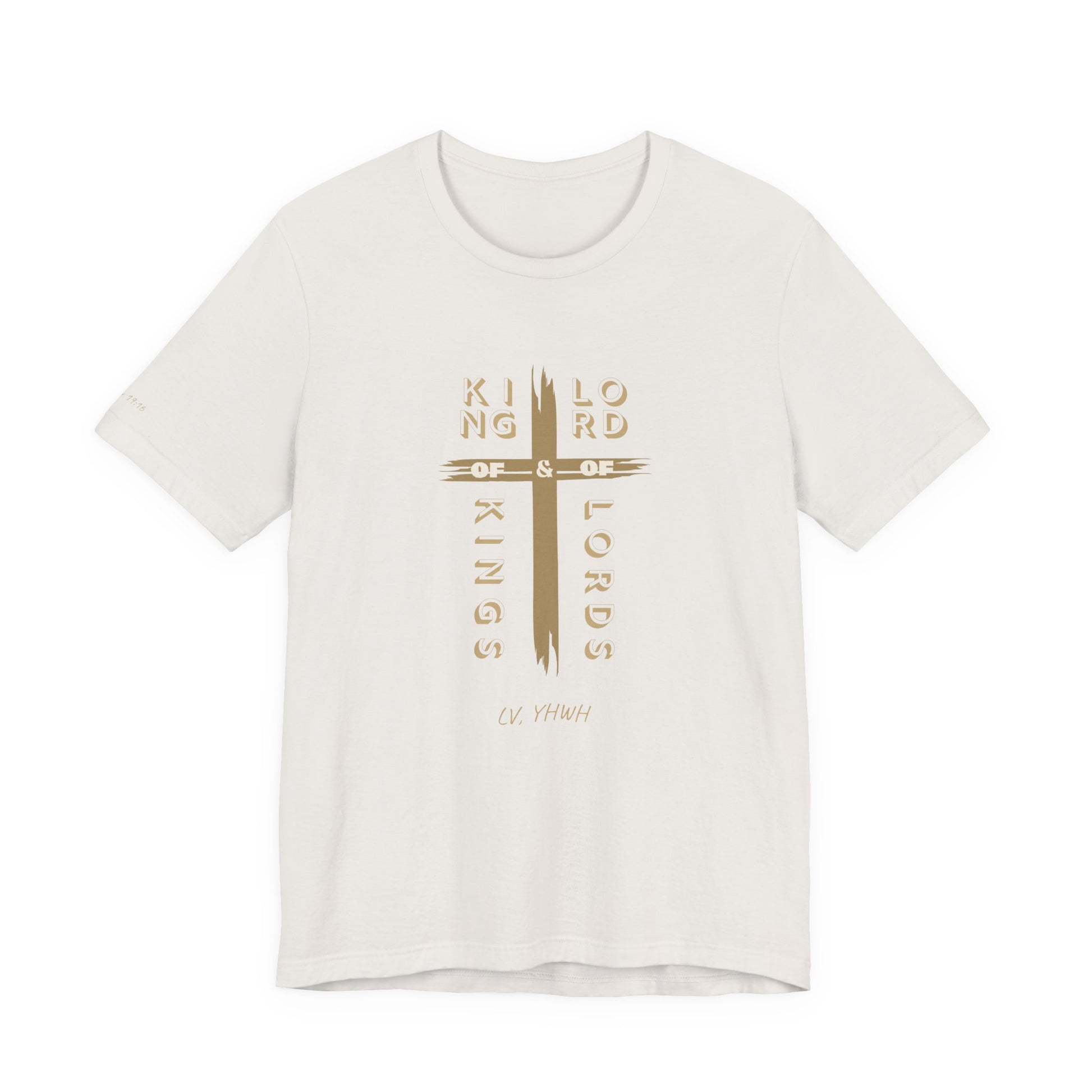 Printify King of Kings Christian t-shirt cream with gold typographic cross design for church and worship