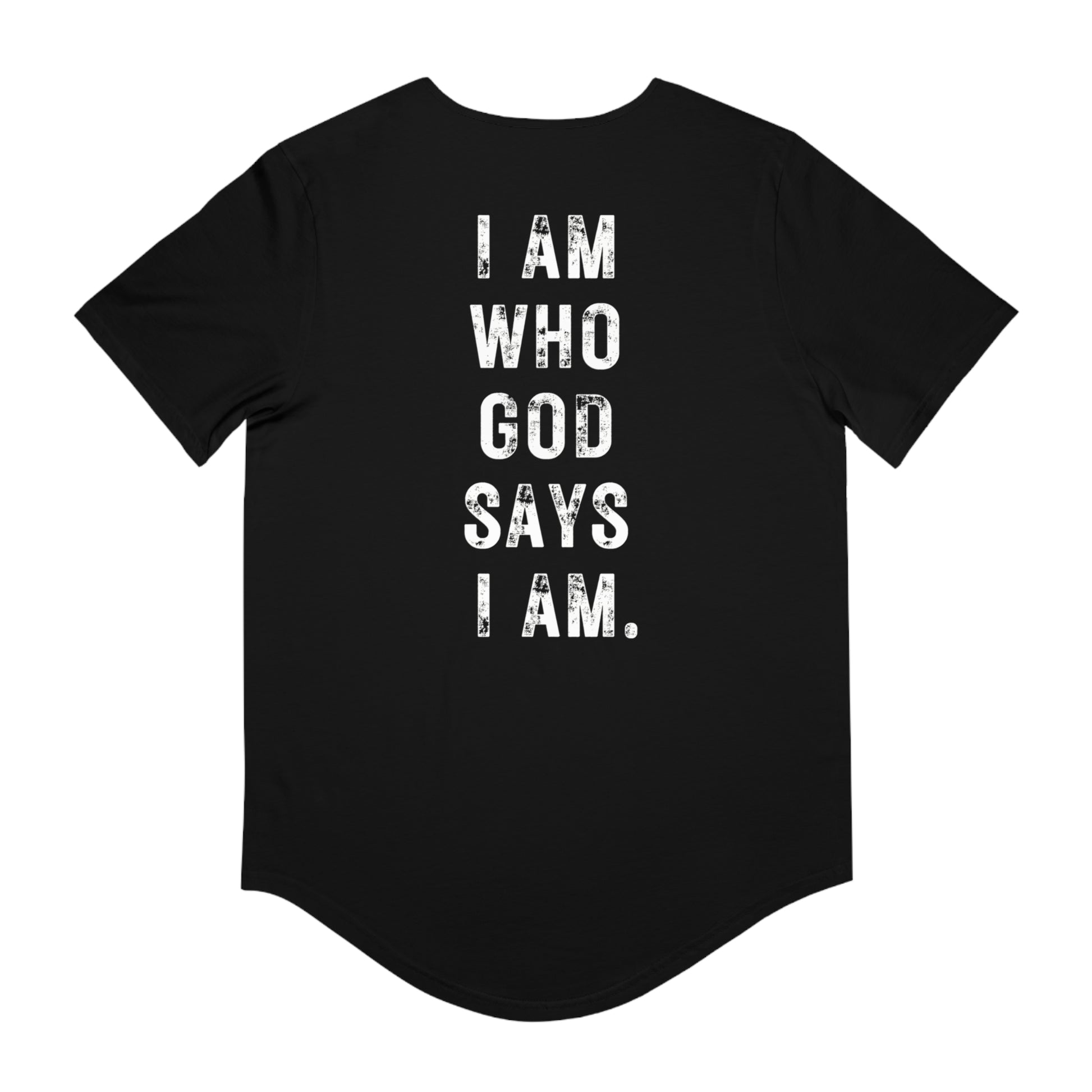 Black Printify Christian men’s graphic tee with bold distressed white vertical text I AM WHO GOD SAYS I AM on back, short sleeve