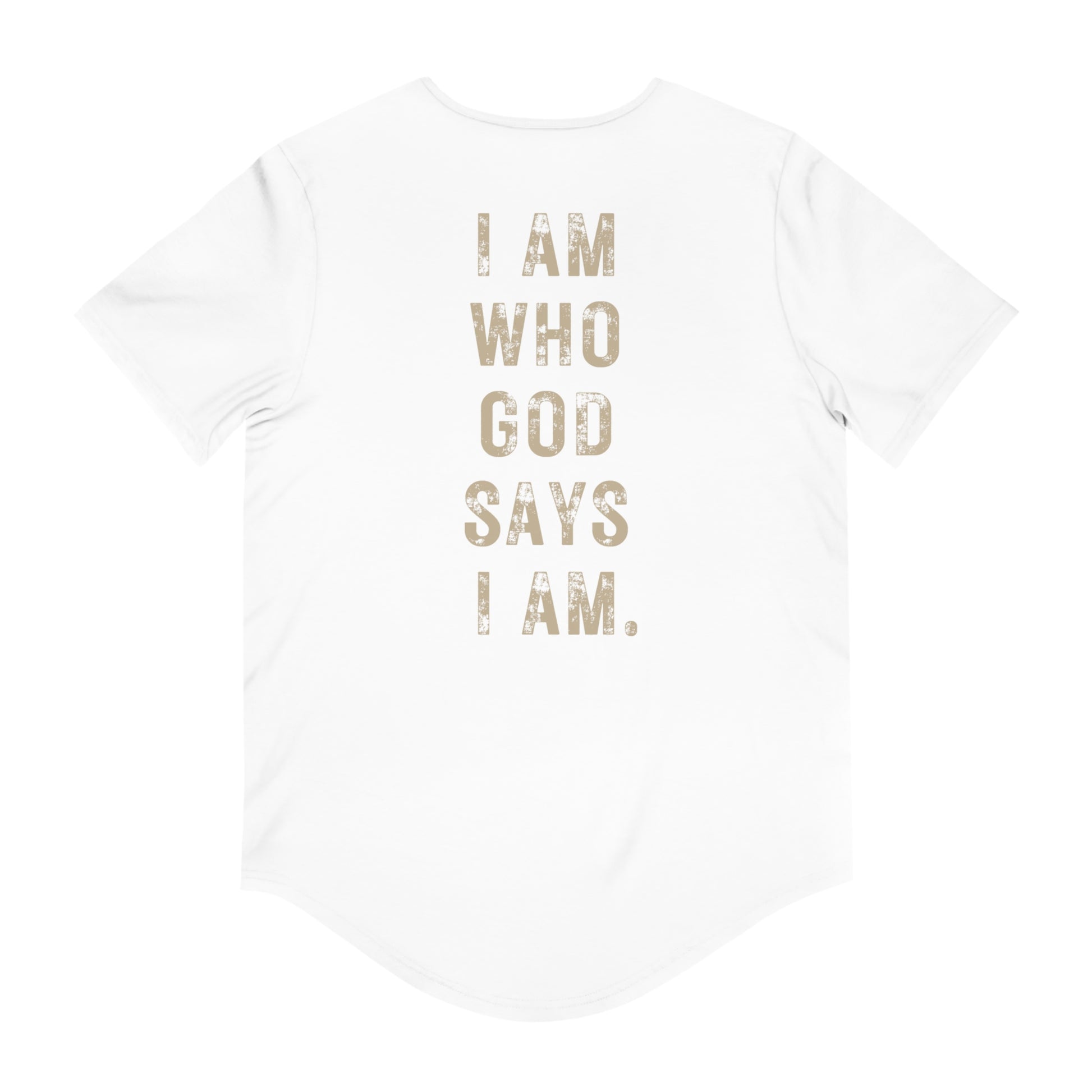 Printify white Christian men’s graphic tee with vertical distressed text I AM WHO GOD SAYS I AM on back